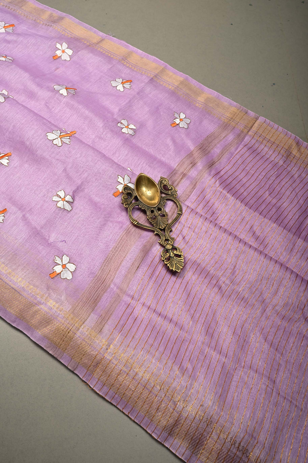 Lavender Tone silk linen saree with white Parijaat Floral embroidery and Zari Border | SHOBITAM
