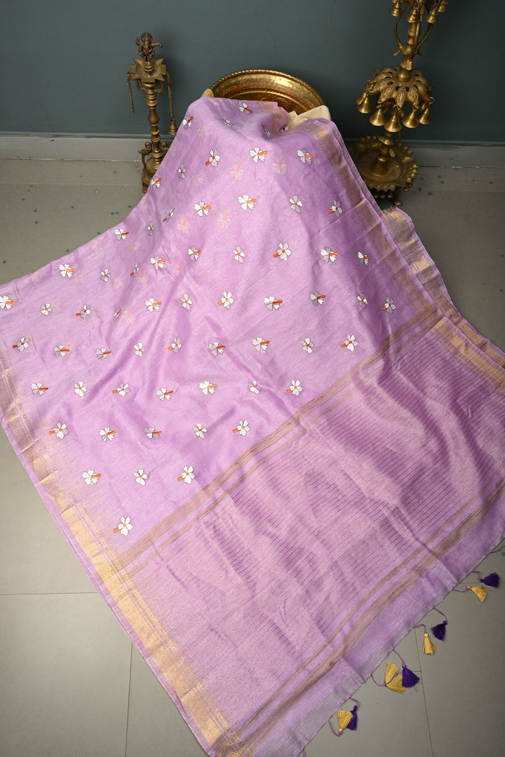Lavender Tone silk linen saree with white Parijaat Floral embroidery and Zari Border | SHOBITAM