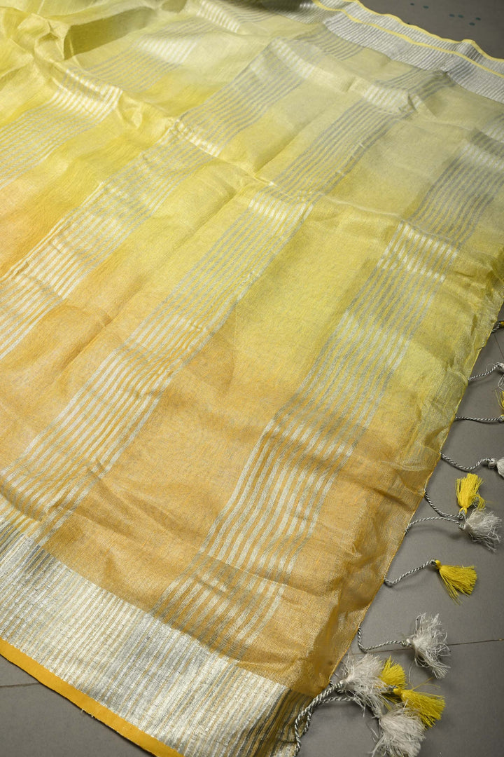Lime Yellow Ombre Silver Tissue Linen Saree with Silver Zari Border| SHOBITAM
