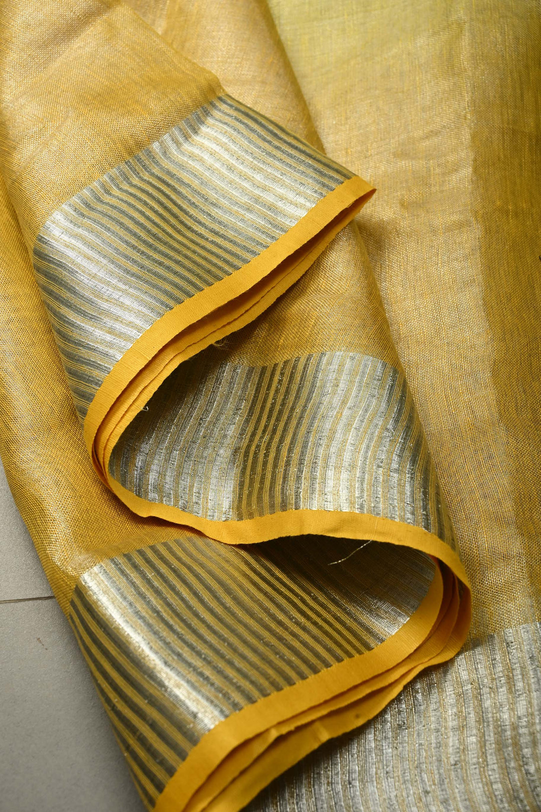 Lime Yellow Ombre Silver Tissue Linen Saree with Silver Zari Border| SHOBITAM
