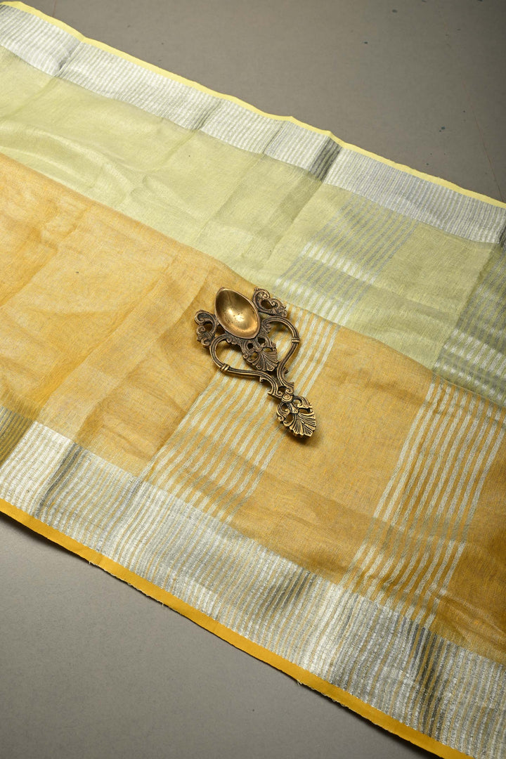 Lime Yellow Ombre Silver Tissue Linen Saree with Silver Zari Border| SHOBITAM