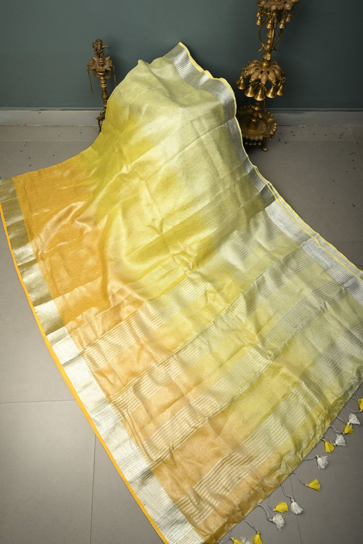 Lime Yellow Ombre Silver Tissue Linen Saree with Silver Zari Border| SHOBITAM