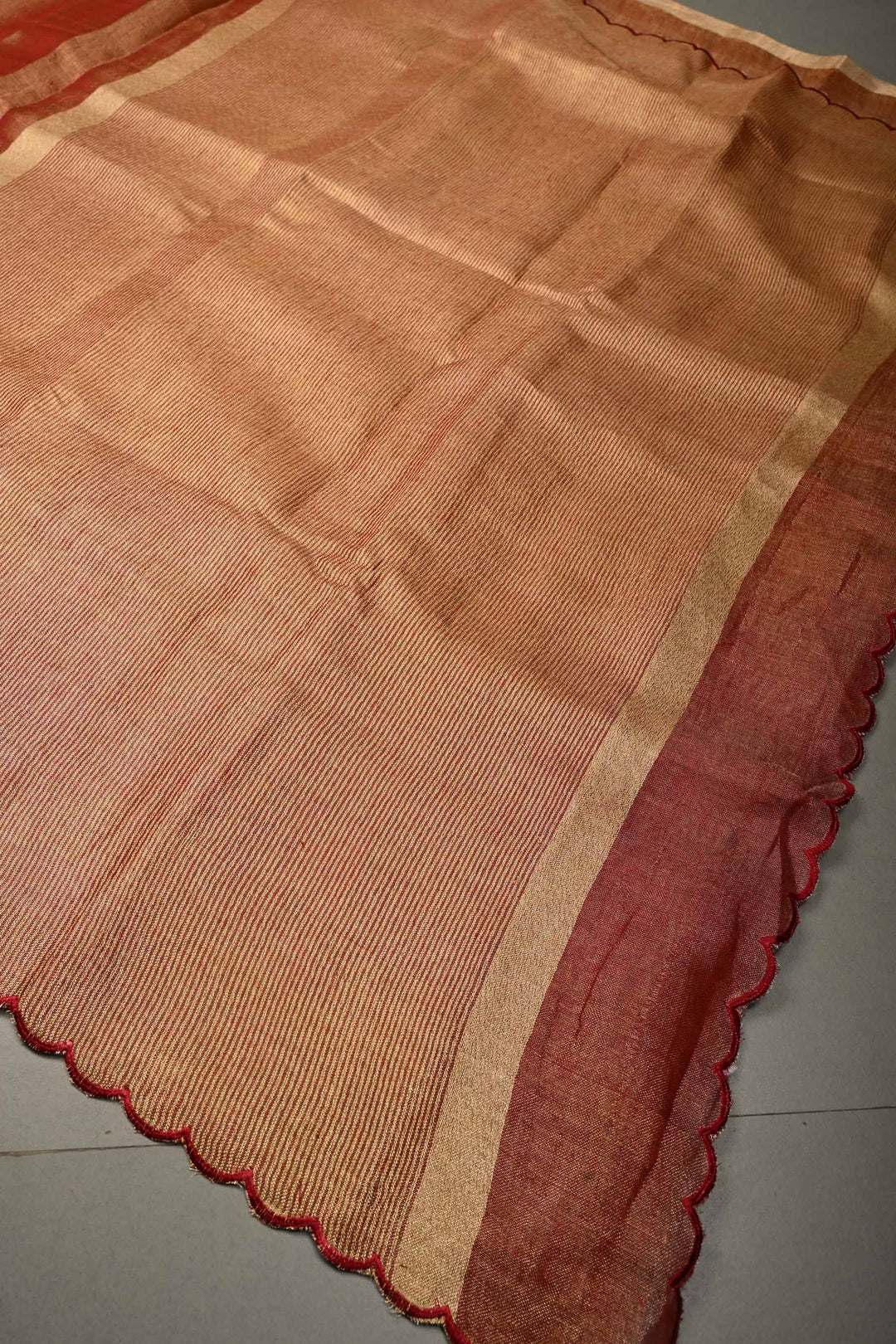 Gold-Maroon Tissue Linen Saree with Scallop Border | SHOBITAM