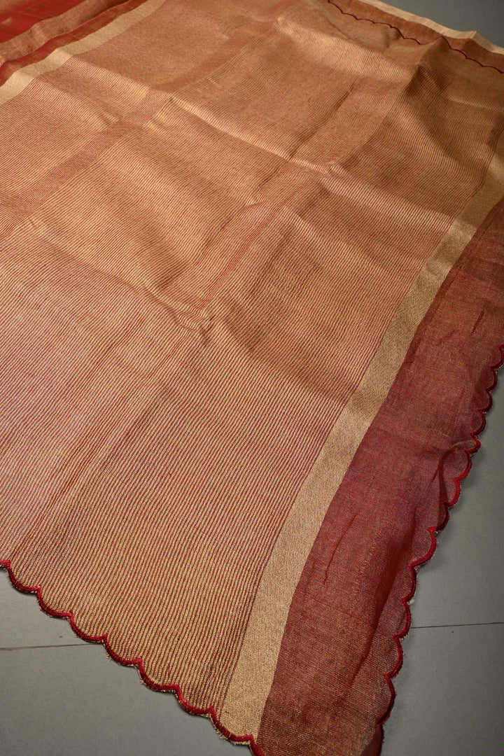 Gold-Maroon Tissue Linen Saree with Scallop Border | SHOBITAM