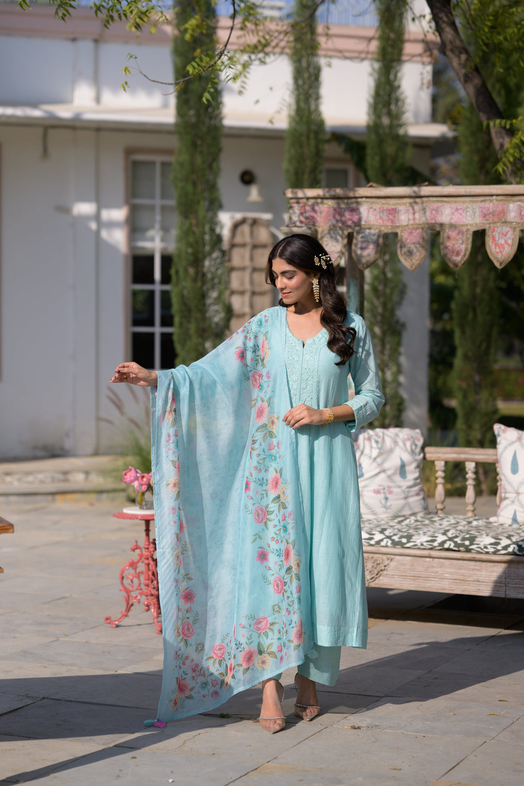Powder Blue Lucknowi Work Mul Chanderi Anarkali Suit Set - SET OF-3 | SHOBITAM