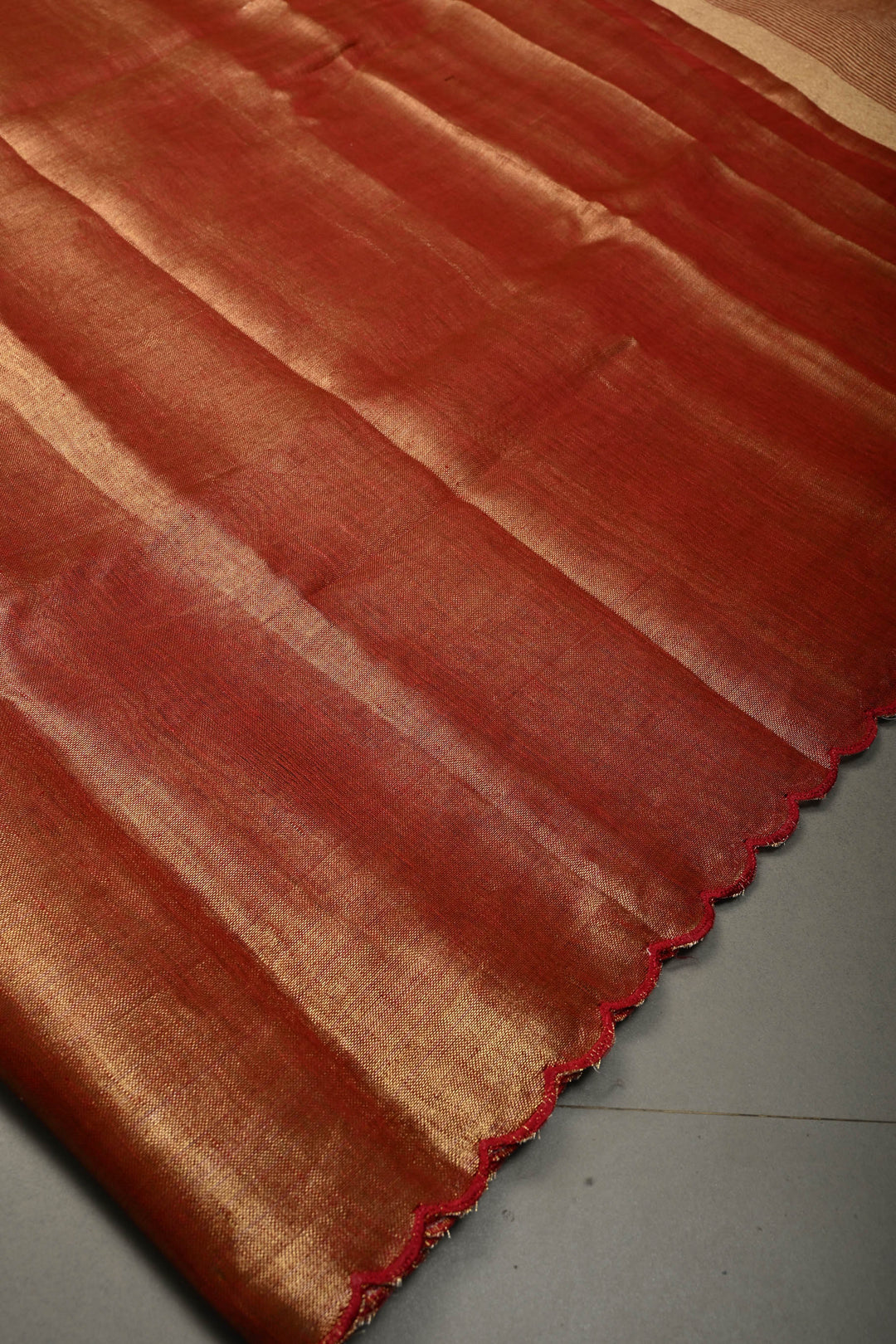 Gold-Maroon Tissue Linen Saree with Scallop Border | SHOBITAM