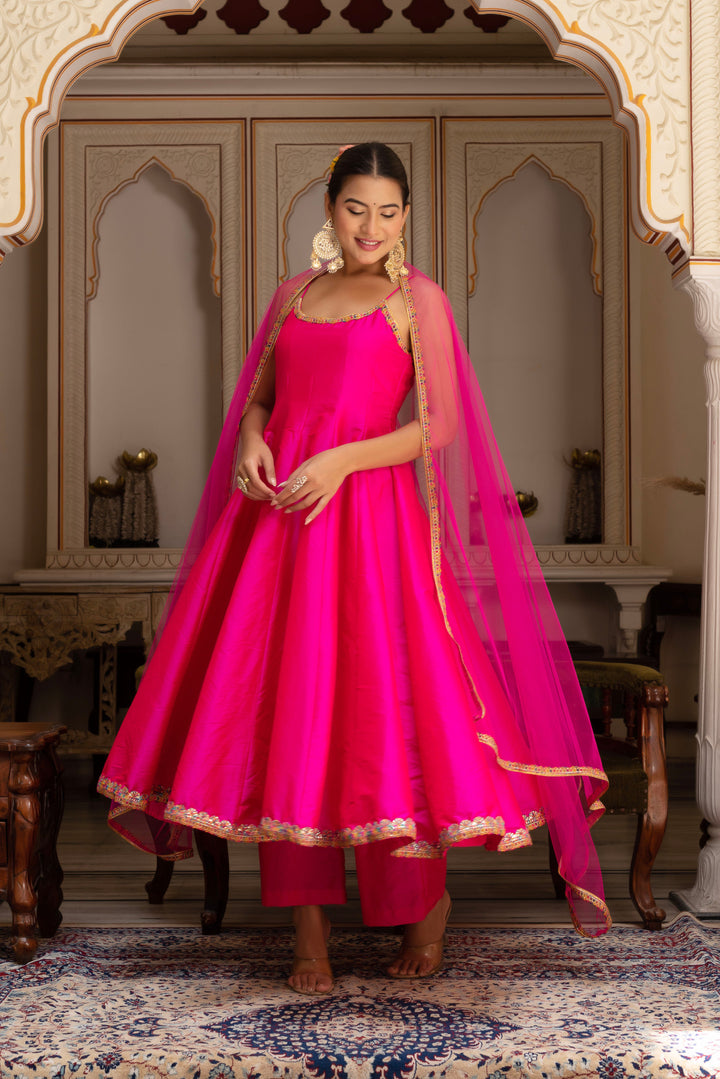 GULABI GALIYAN RIMJHIM PINK EMBROIDERY TAFFETA SILK ANARKALI SET WITH SOFT NET DUPATTA | SHOBITAM