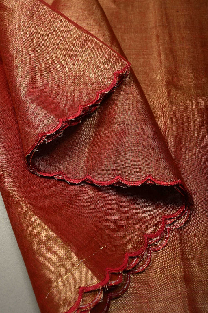 Gold-Maroon Tissue Linen Saree with Scallop Border | SHOBITAM