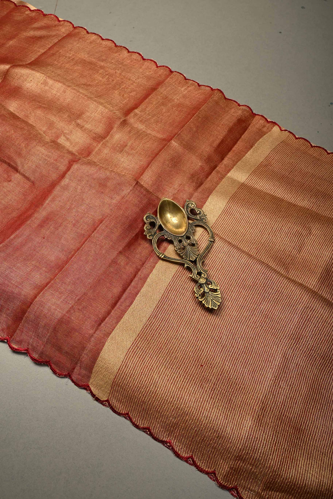 Gold-Maroon Tissue Linen Saree with Scallop Border | SHOBITAM