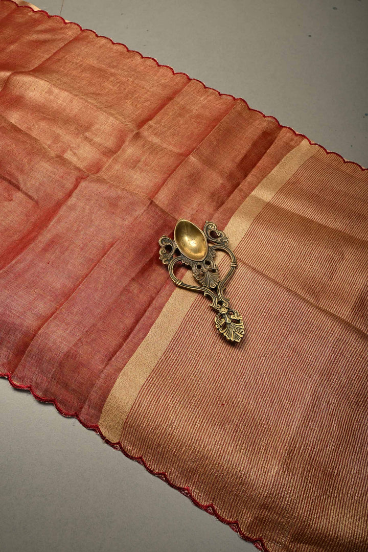 Gold-Maroon Tissue Linen Saree with Scallop Border | SHOBITAM