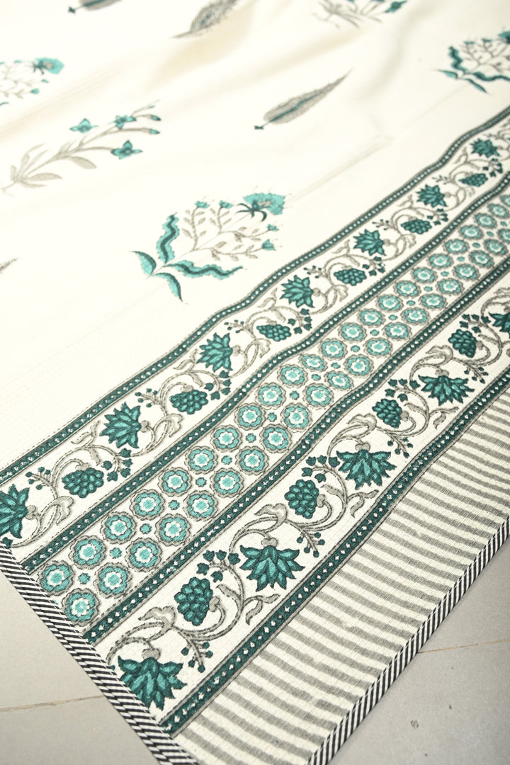 100 x 56" White Extra-Large Cotton Towel with Waffle Weave & Jaipur Hand Block Print | SHOBITAM