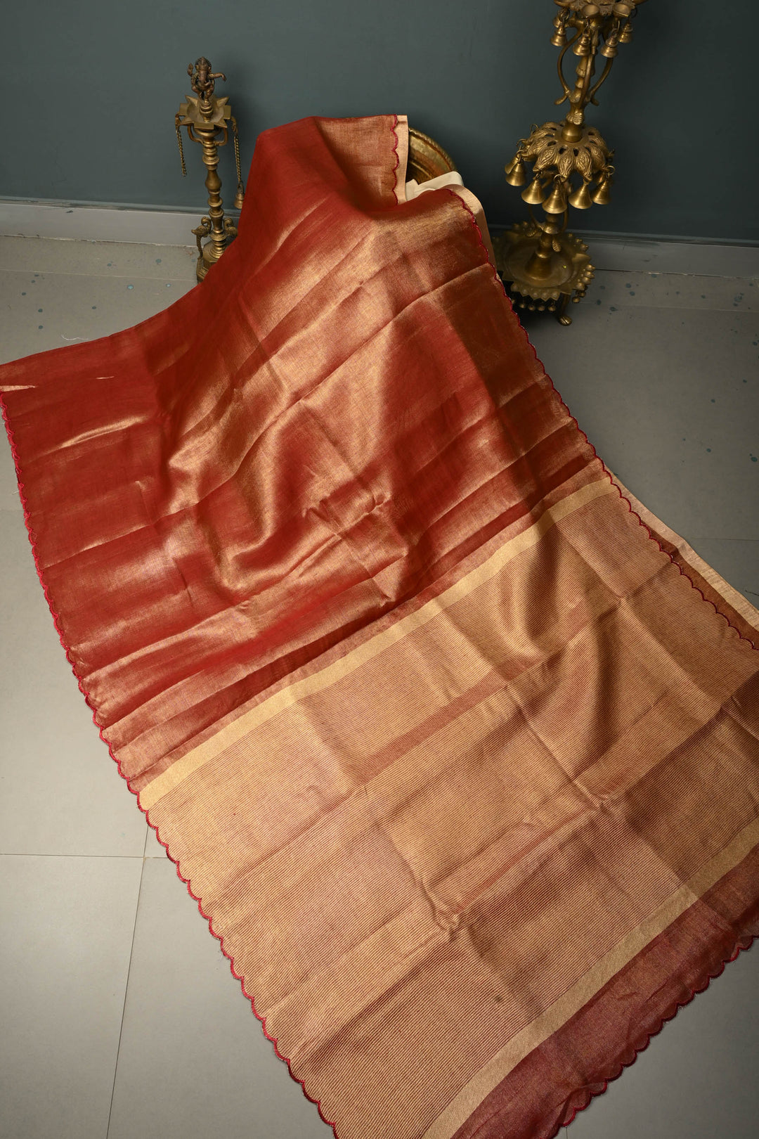 Gold-Maroon Tissue Linen Saree with Scallop Border | SHOBITAM