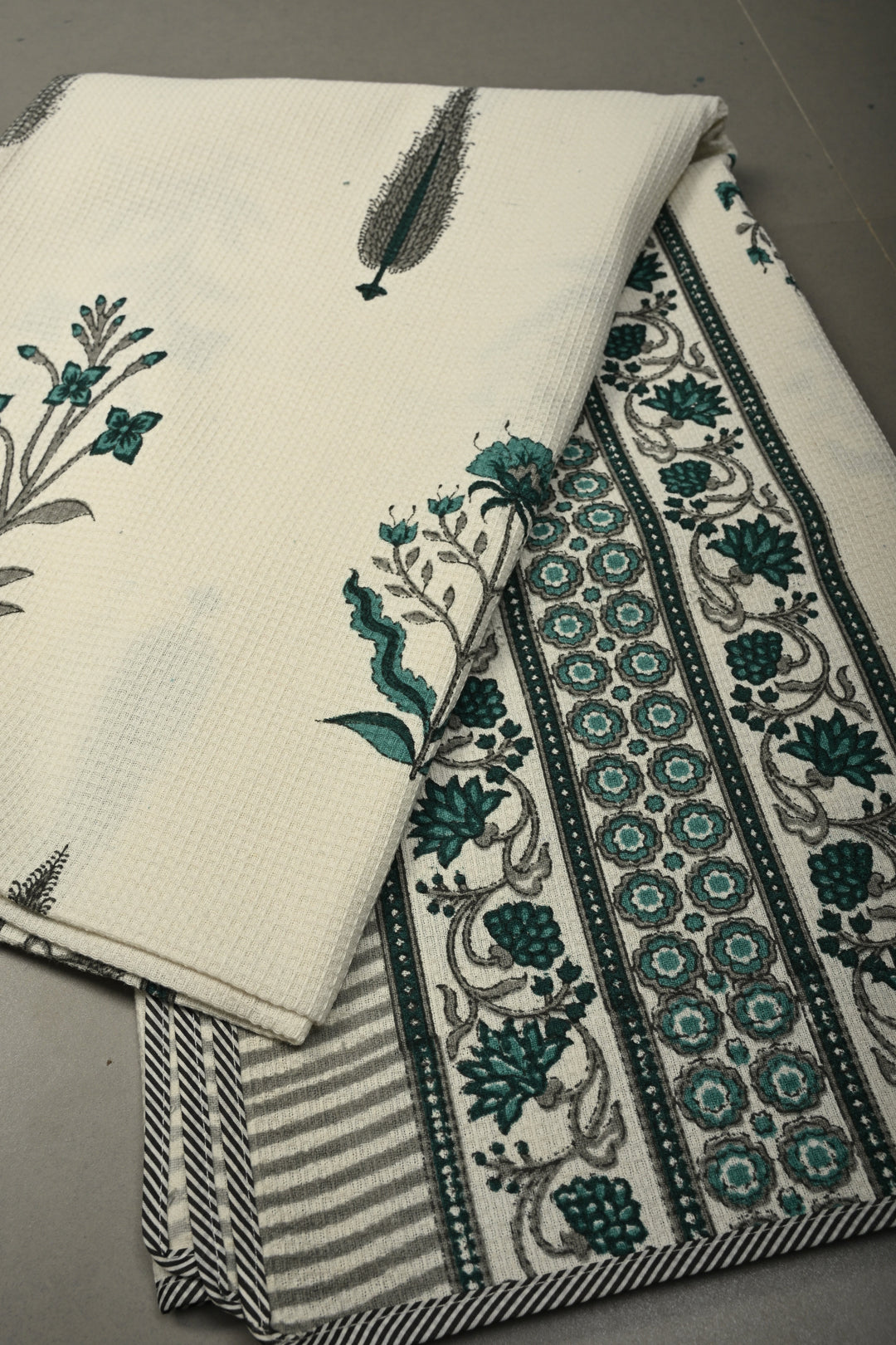 100 x 56" White Extra-Large Cotton Towel with Waffle Weave & Jaipur Hand Block Print | SHOBITAM