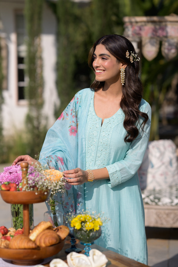 Powder Blue Lucknowi Work Mul Chanderi Anarkali Suit Set - SET OF-3 | SHOBITAM