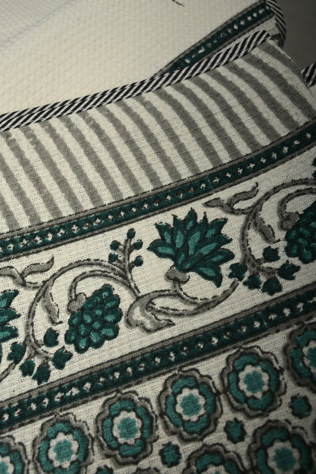100 x 56" White Extra-Large Cotton Towel with Waffle Weave & Jaipur Hand Block Print | SHOBITAM