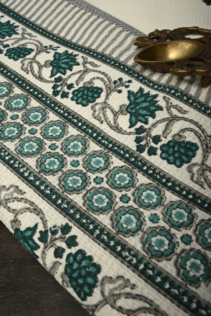 100 x 56" White Extra-Large Cotton Towel with Waffle Weave & Jaipur Hand Block Print | SHOBITAM