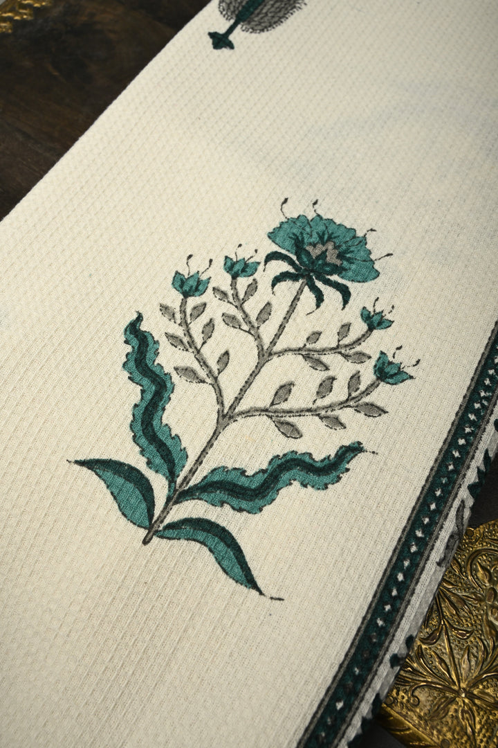 100 x 56" White Extra-Large Cotton Towel with Waffle Weave & Jaipur Hand Block Print | SHOBITAM