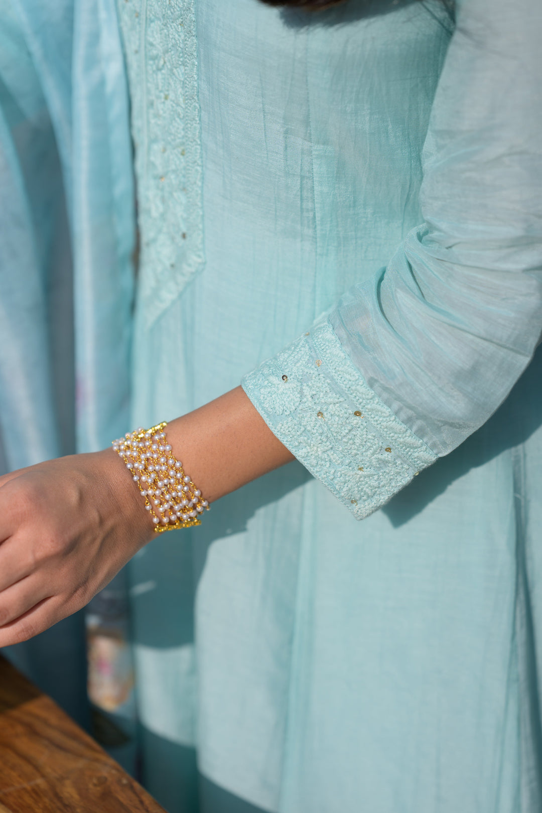 Powder Blue Lucknowi Work Mul Chanderi Anarkali Suit Set - SET OF-3 | SHOBITAM