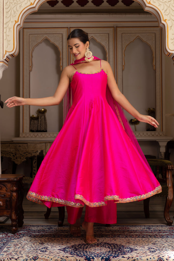 GULABI GALIYAN RIMJHIM PINK EMBROIDERY TAFFETA SILK ANARKALI SET WITH SOFT NET DUPATTA | SHOBITAM