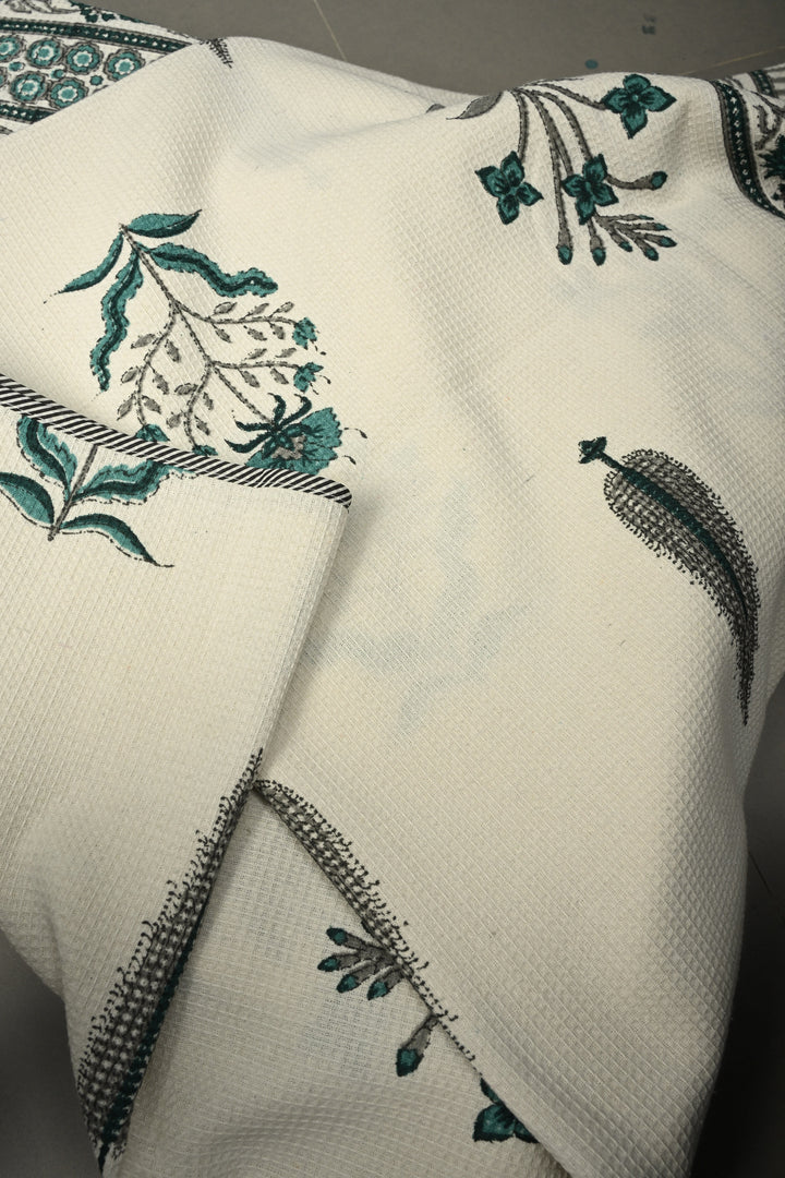 100 x 56" White Extra-Large Cotton Towel with Waffle Weave & Jaipur Hand Block Print | SHOBITAM