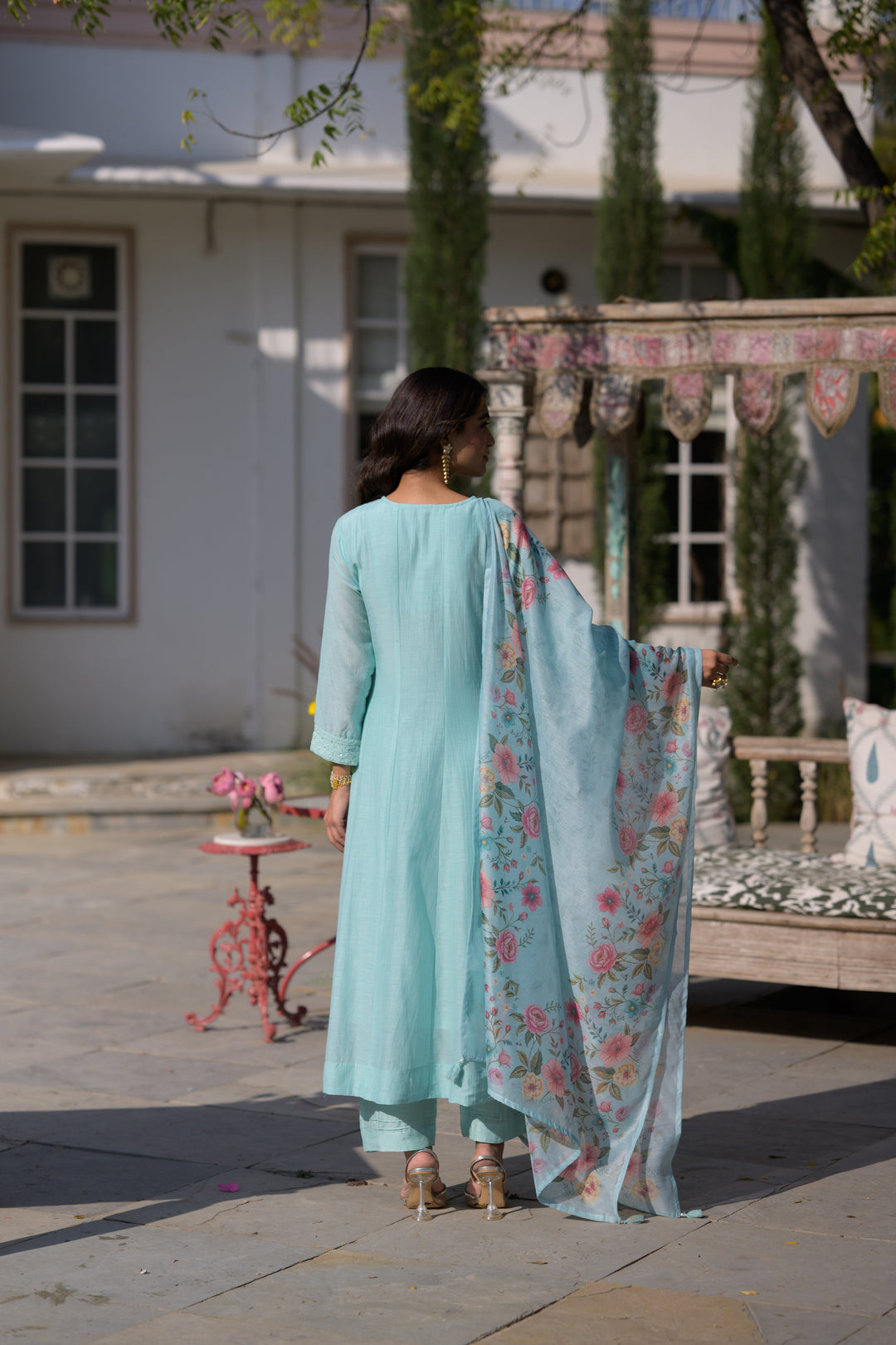 Powder Blue Lucknowi Work Mul Chanderi Anarkali Suit Set - SET OF-3 | SHOBITAM