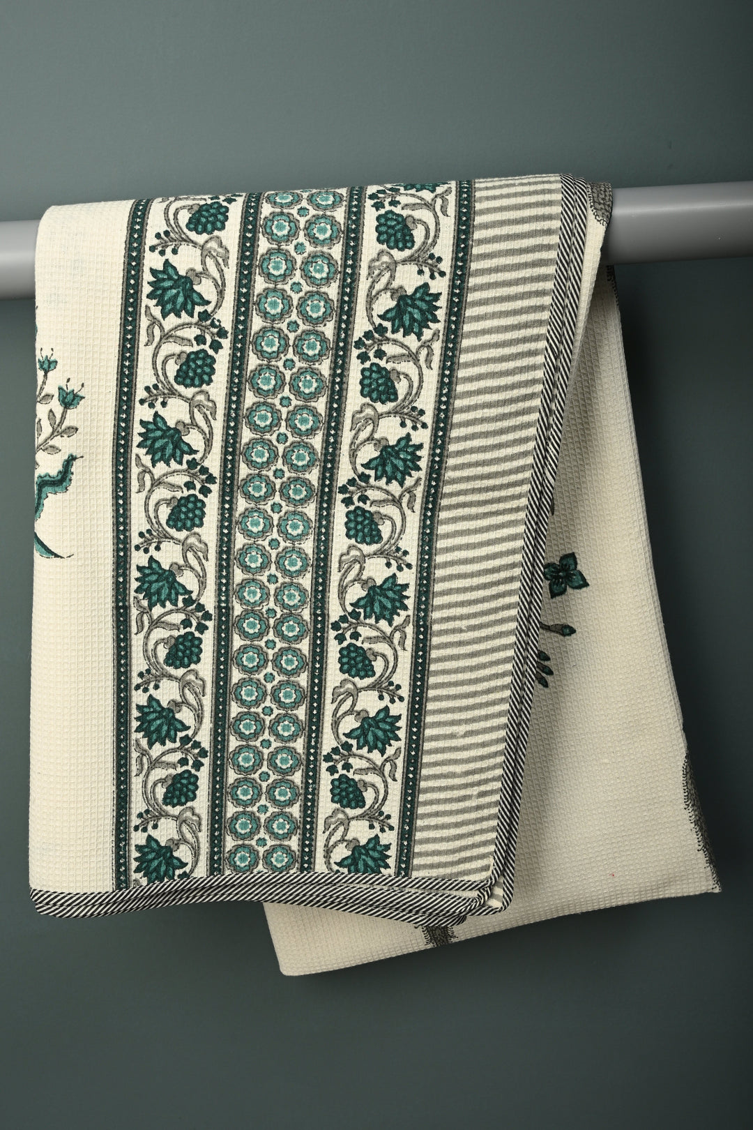 100 x 56" White Extra-Large Cotton Towel with Waffle Weave & Jaipur Hand Block Print | SHOBITAM