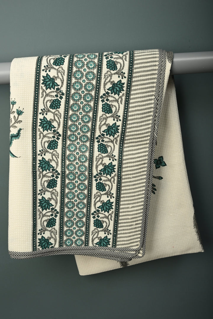 100 x 56" White Extra-Large Cotton Towel with Waffle Weave & Jaipur Hand Block Print | SHOBITAM