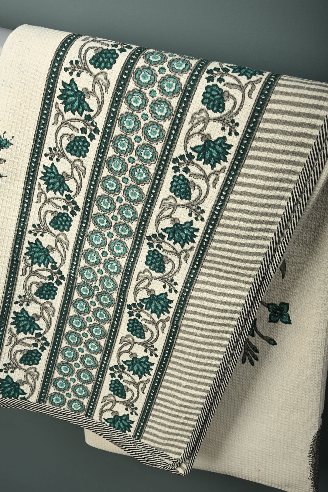 100 x 56" White Extra-Large Cotton Towel with Waffle Weave & Jaipur Hand Block Print | SHOBITAM