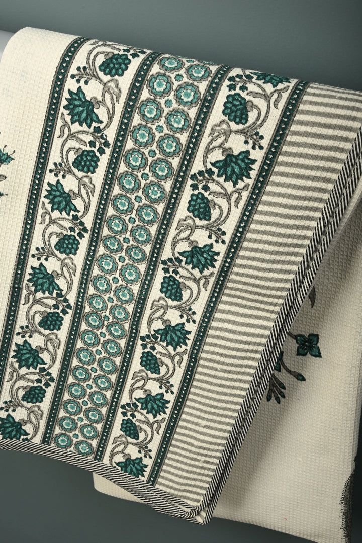 100 x 56" White Extra-Large Cotton Towel with Waffle Weave & Jaipur Hand Block Print | SHOBITAM