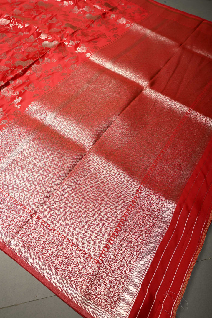 Blood Red Banarasi Semi Silk Saree with Shikaargah Floral Jaal Zari Brocade and Zari Border | SHOBITAM