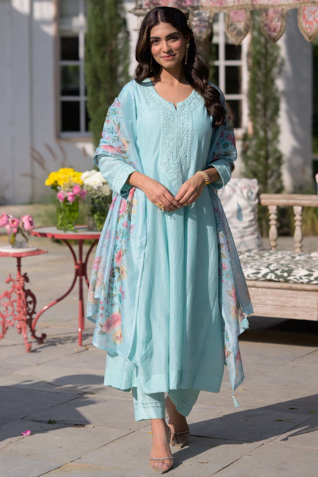 Powder Blue Lucknowi Work Mul Chanderi Anarkali Suit Set - SET OF-3 | SHOBITAM