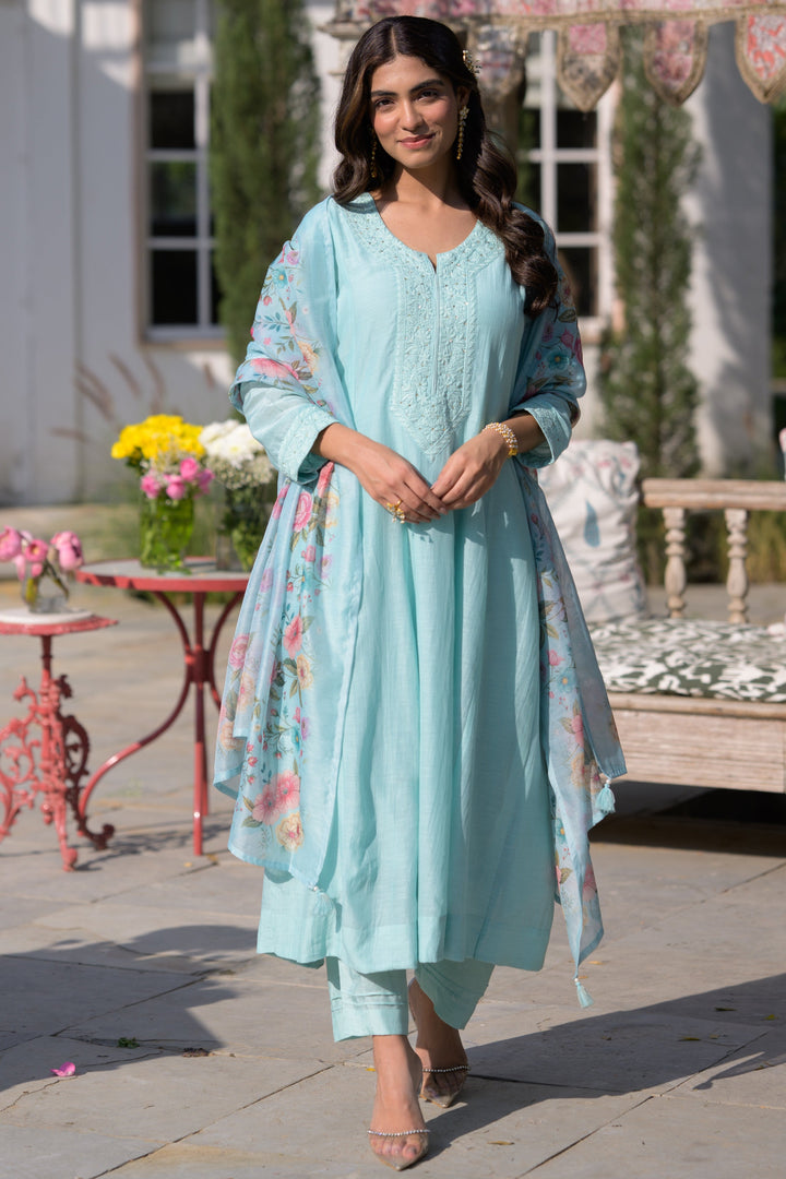 Powder Blue Lucknowi Work Mul Chanderi Anarkali Suit Set - SET OF-3 | SHOBITAM
