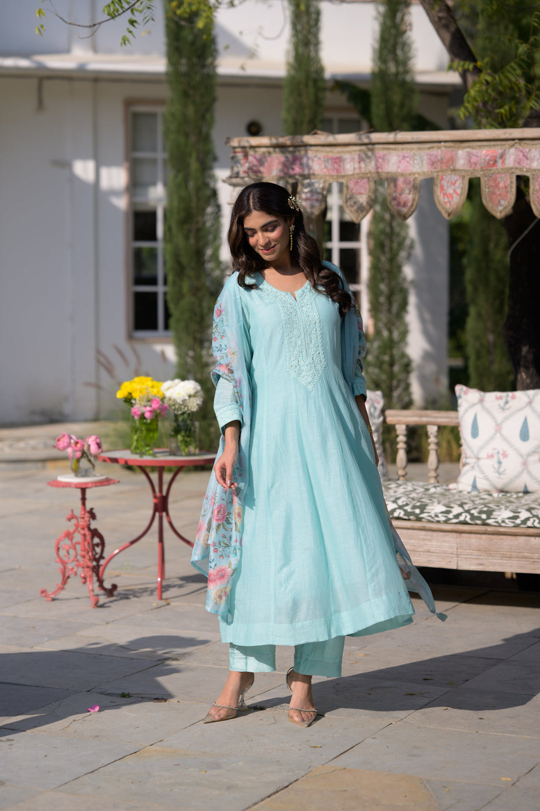 Powder Blue Lucknowi Work Mul Chanderi Anarkali Suit Set - SET OF-3 | SHOBITAM