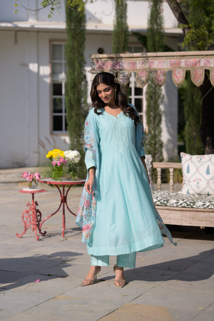 Powder Blue Lucknowi Work Mul Chanderi Anarkali Suit Set - SET OF-3 | SHOBITAM