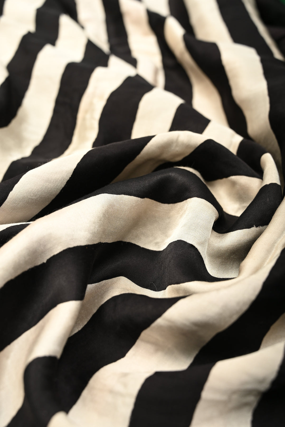 Black-White Ajrakh Hand Block Print on Modal Silk Saree with Vertical Stripes Pattern and Bandhni Pallu | SHOBITAM