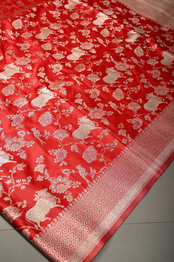 Blood Red Banarasi Semi Silk Saree with Shikaargah Floral Jaal Zari Brocade and Zari Border | SHOBITAM