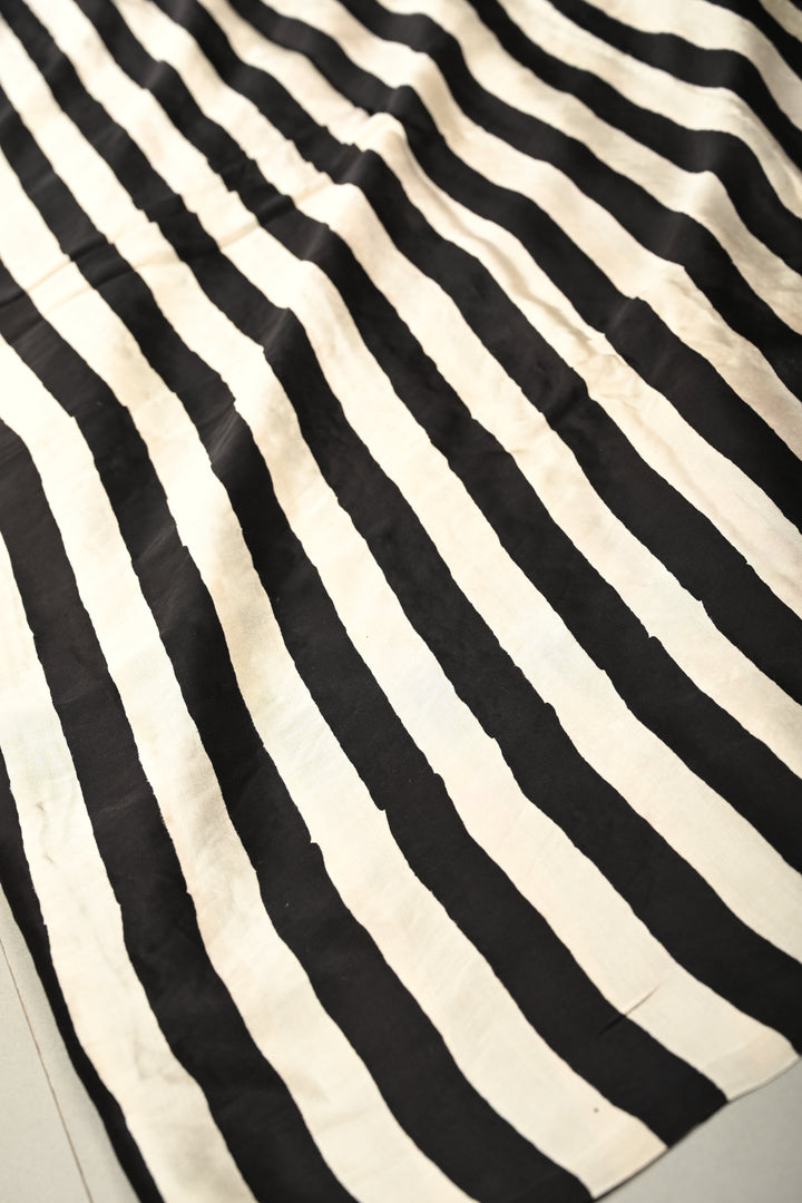 Black-White Ajrakh Hand Block Print on Modal Silk Saree with Vertical Stripes Pattern and Bandhni Pallu | SHOBITAM