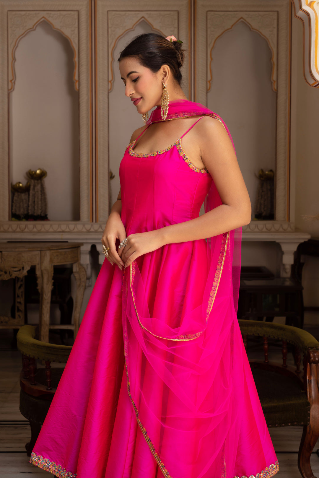 GULABI GALIYAN RIMJHIM PINK EMBROIDERY TAFFETA SILK ANARKALI SET WITH SOFT NET DUPATTA | SHOBITAM