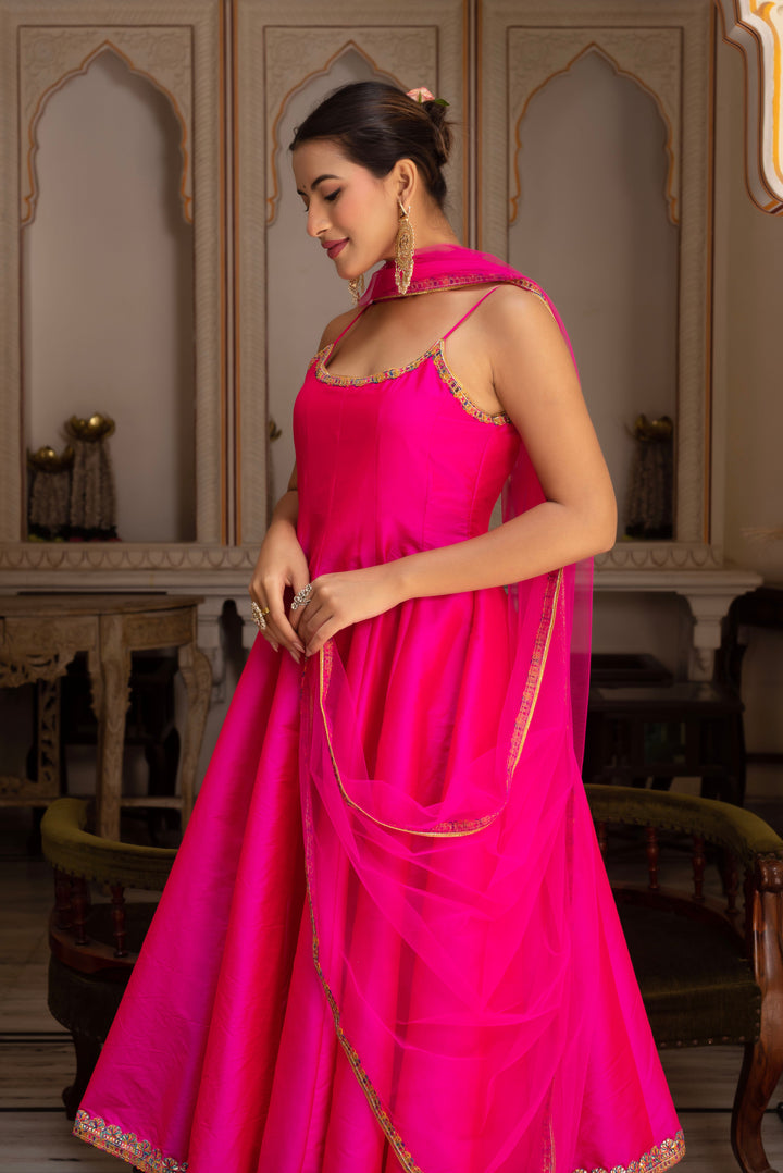 GULABI GALIYAN RIMJHIM PINK EMBROIDERY TAFFETA SILK ANARKALI SET WITH SOFT NET DUPATTA | SHOBITAM