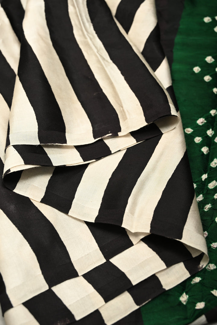 Black-White Ajrakh Hand Block Print on Modal Silk Saree with Vertical Stripes Pattern and Bandhni Pallu | SHOBITAM
