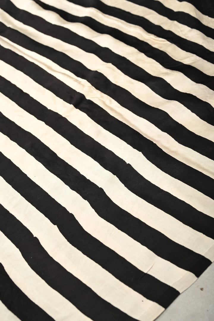 Black-White Ajrakh Hand Block Print on Modal Silk Saree with Vertical Stripes Pattern and Bandhni Pallu | SHOBITAM