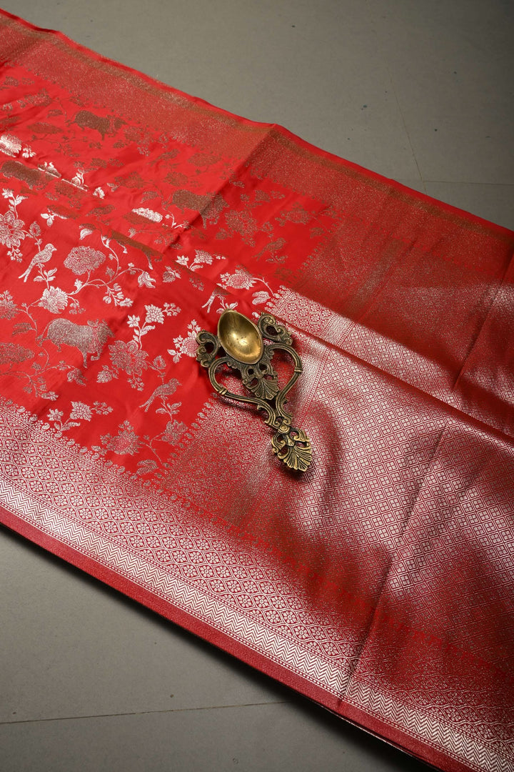 Blood Red Banarasi Semi Silk Saree with Shikaargah Floral Jaal Zari Brocade and Zari Border | SHOBITAM