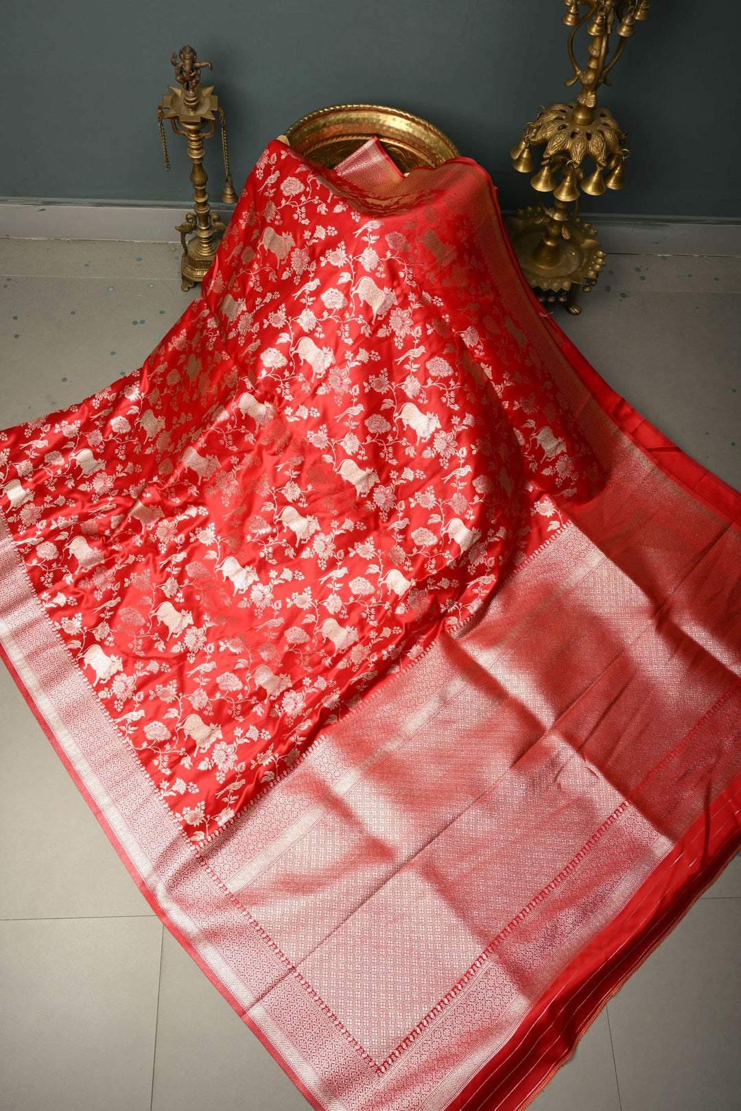 Blood Red Banarasi Semi Silk Saree with Shikaargah Floral Jaal Zari Brocade and Zari Border | SHOBITAM