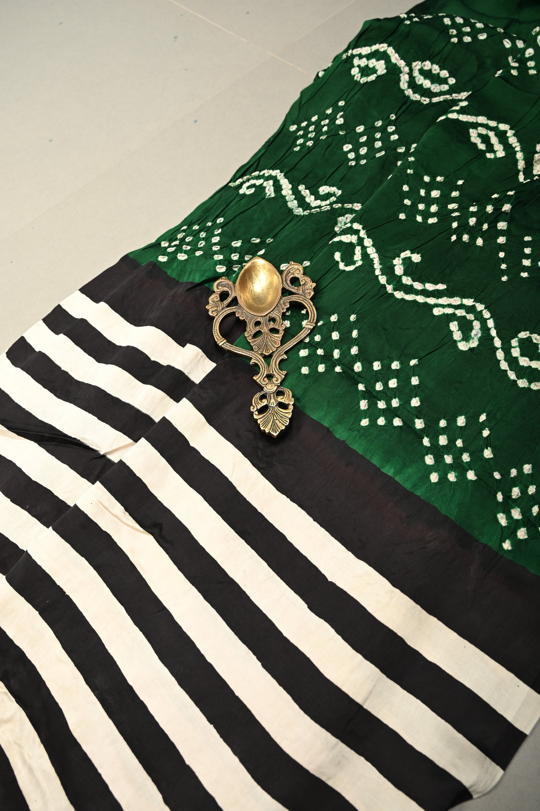Black-White Ajrakh Hand Block Print on Modal Silk Saree with Vertical Stripes Pattern and Bandhni Pallu | SHOBITAM