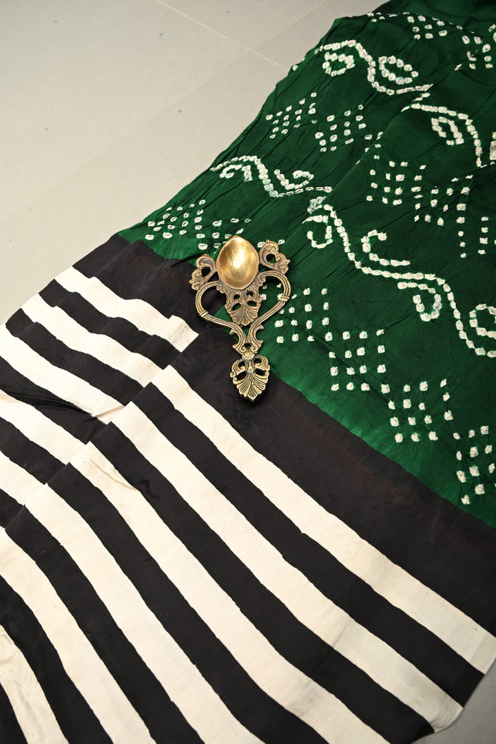 Black-White Ajrakh Hand Block Print on Modal Silk Saree with Vertical Stripes Pattern and Bandhni Pallu | SHOBITAM