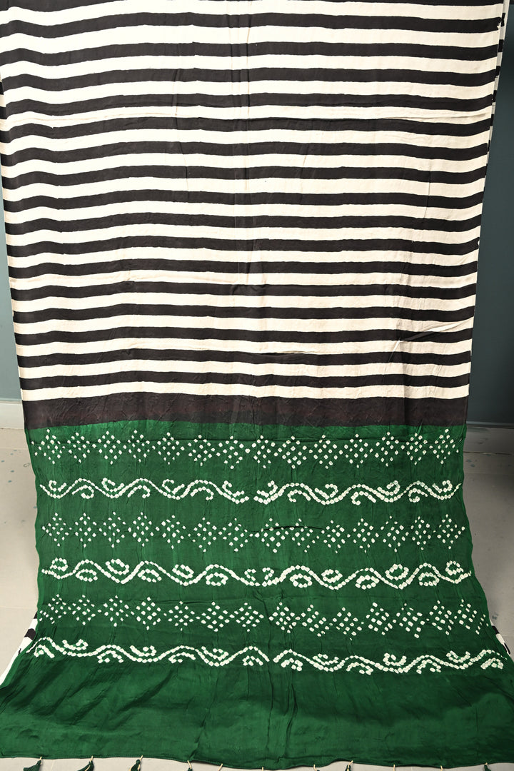 Black-White Ajrakh Hand Block Print on Modal Silk Saree with Vertical Stripes Pattern and Bandhni Pallu | SHOBITAM