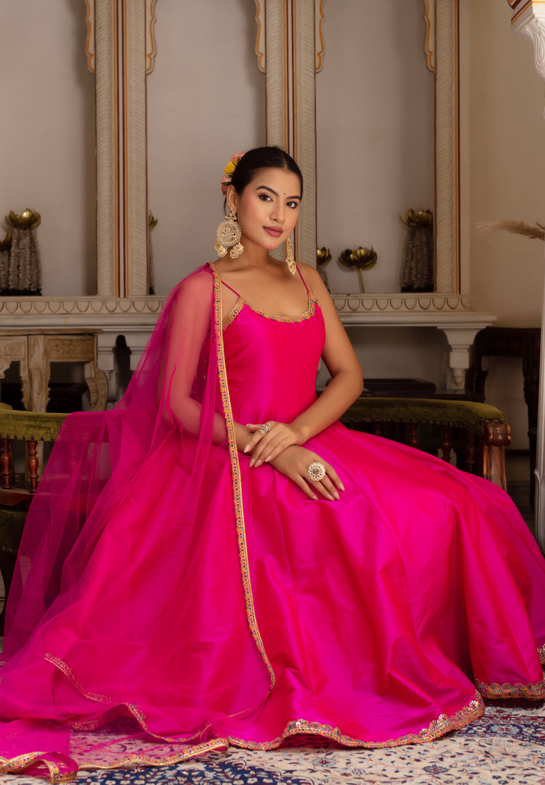 GULABI GALIYAN RIMJHIM PINK EMBROIDERY TAFFETA SILK ANARKALI SET WITH SOFT NET DUPATTA | SHOBITAM