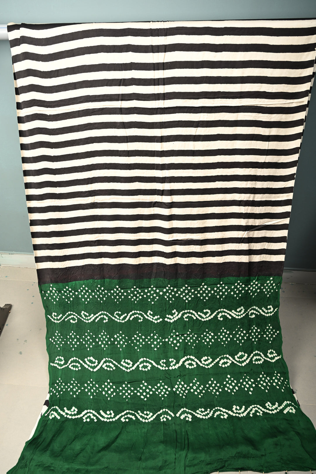 Black-White Ajrakh Hand Block Print on Modal Silk Saree with Vertical Stripes Pattern and Bandhni Pallu | SHOBITAM