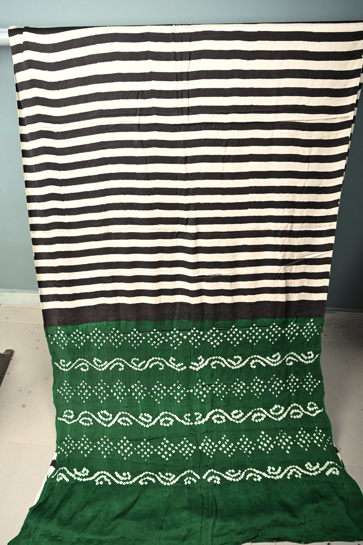 Black-White Ajrakh Hand Block Print on Modal Silk Saree with Vertical Stripes Pattern and Bandhni Pallu | SHOBITAM