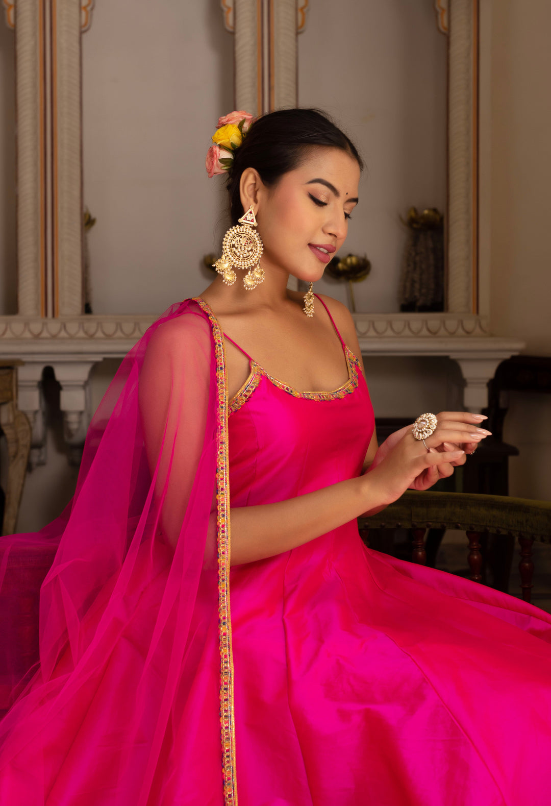 GULABI GALIYAN RIMJHIM PINK EMBROIDERY TAFFETA SILK ANARKALI SET WITH SOFT NET DUPATTA | SHOBITAM